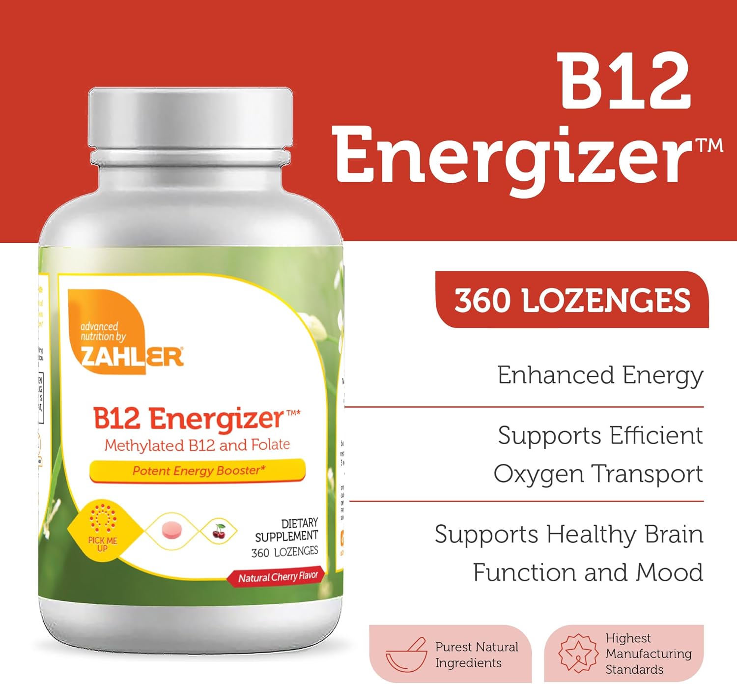 Zahler Energizer Cherry Lozenges - Methylated B12 & Folate Supplement with Fast Dissolving Formula - 360 Count