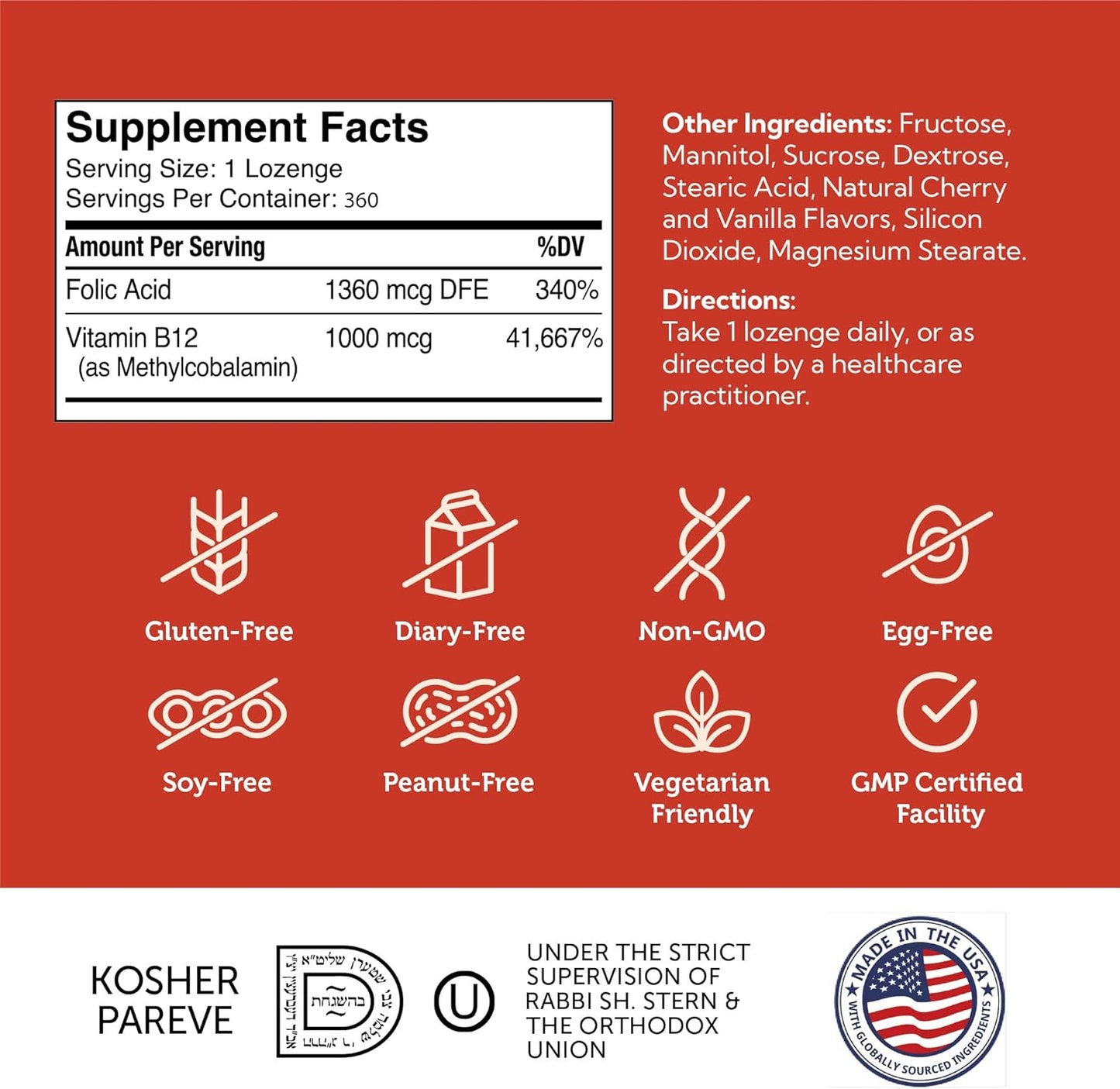 Zahler Energizer Cherry Lozenges - Methylated B12 & Folate Supplement with Fast Dissolving Formula - 360 Count