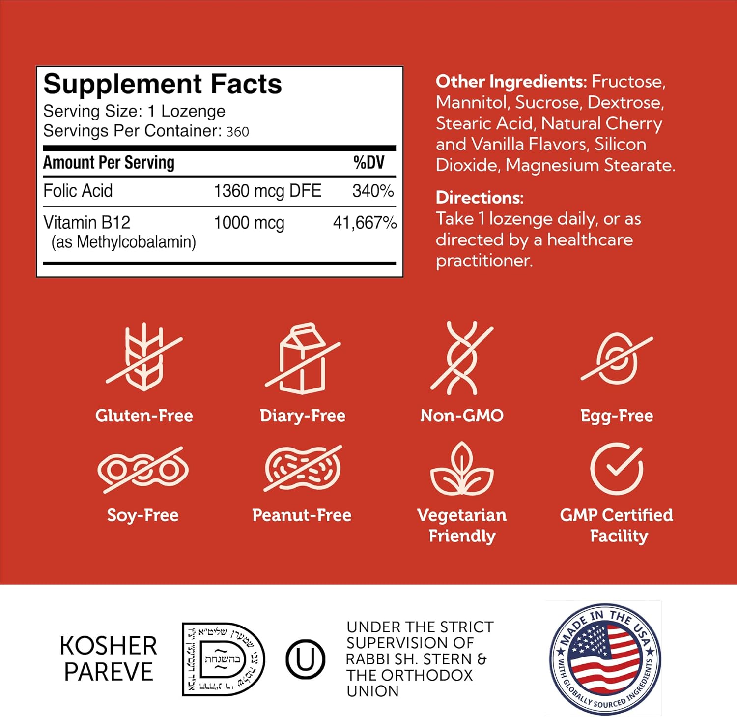 Zahler Energizer Cherry Lozenges - Methylated B12 & Folate Supplement with Fast Dissolving Formula - 360 Count