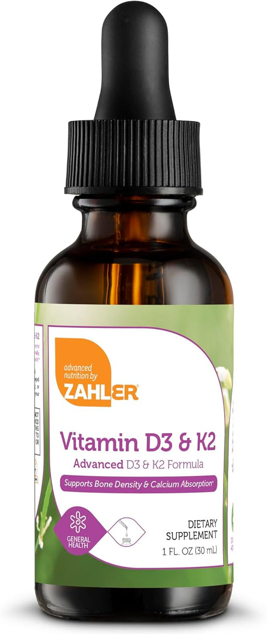 Zahler Liquid Vitamin D3 K2 Drops: 1000IU D + 1000mcg K2 for Bone Health, Calcium Absorption - 1Fl Oz