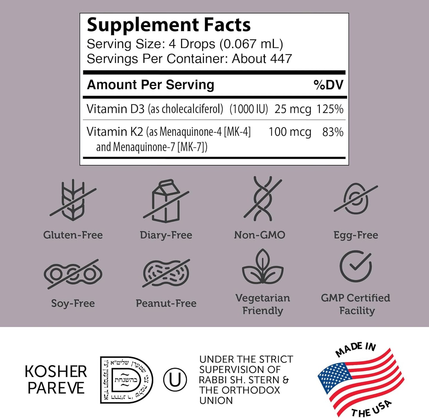 Zahler Liquid Vitamin D3 K2 Drops: 1000IU D + 1000mcg K2 for Bone Health, Calcium Absorption - 1Fl Oz