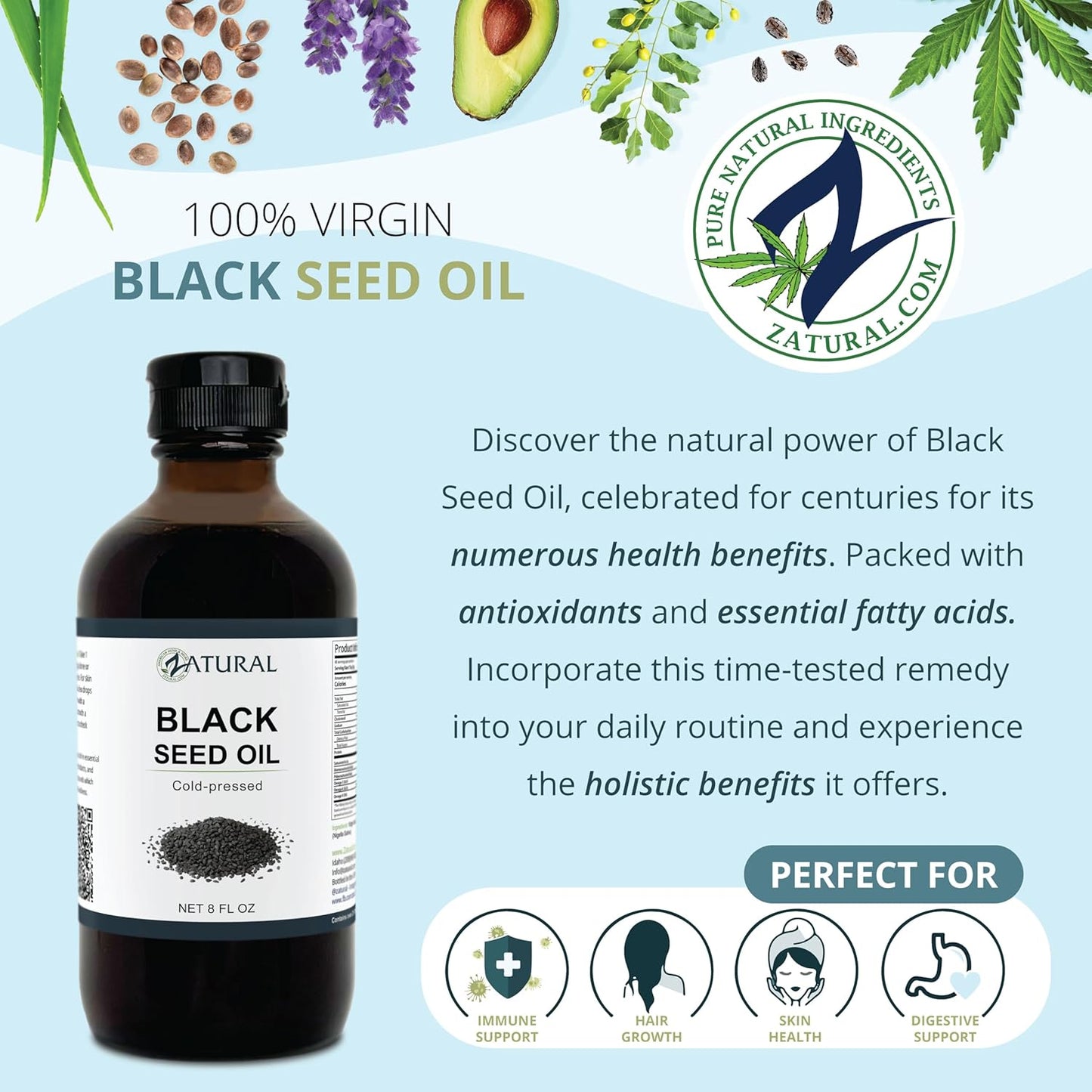 Zatural Cold Pressed Black Seed Oil for Digestion, Skin, Brain, Immune Support - 8 Fl Oz