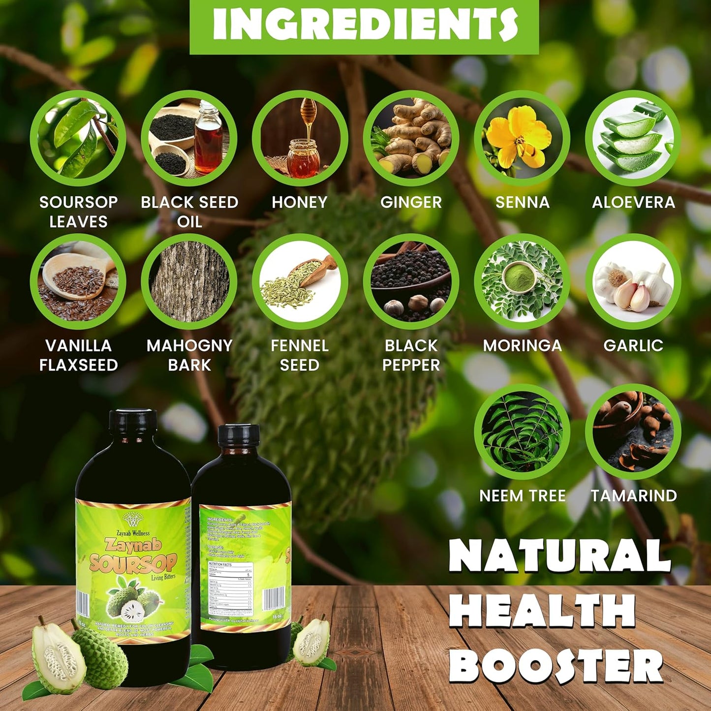 Zaynab Wellness Organic Soursop Bitters Liquid for Gut Cleanse & Immune Support 16 fl oz - Black Seed Oil, Moringa, Garlic & Ginger - Best Soursop Bitter for Overall Wellness