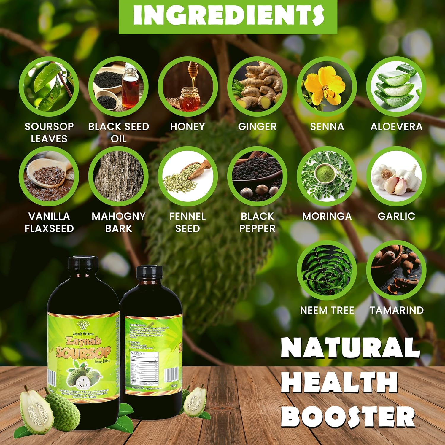 Zaynab Wellness Organic Soursop Bitters Liquid for Gut Cleanse & Immune Support 16 fl oz - Black Seed Oil, Moringa, Garlic & Ginger - Best Soursop Bitter for Overall Wellness