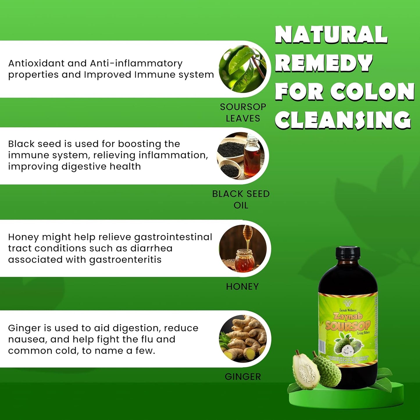 Zaynab Wellness Organic Soursop Bitters Liquid for Gut Cleanse & Immune Support 16 fl oz - Black Seed Oil, Moringa, Garlic & Ginger - Best Soursop Bitter for Overall Wellness