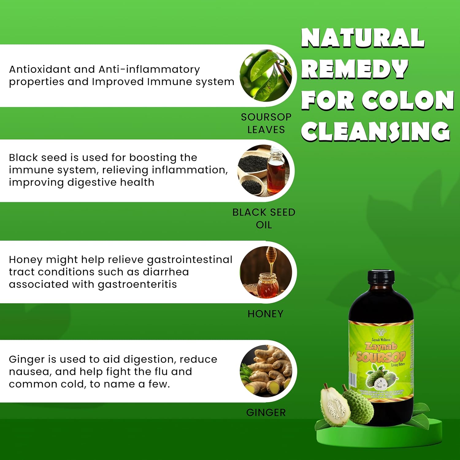 Zaynab Wellness Organic Soursop Bitters Liquid for Gut Cleanse & Immune Support 16 fl oz - Black Seed Oil, Moringa, Garlic & Ginger - Best Soursop Bitter for Overall Wellness