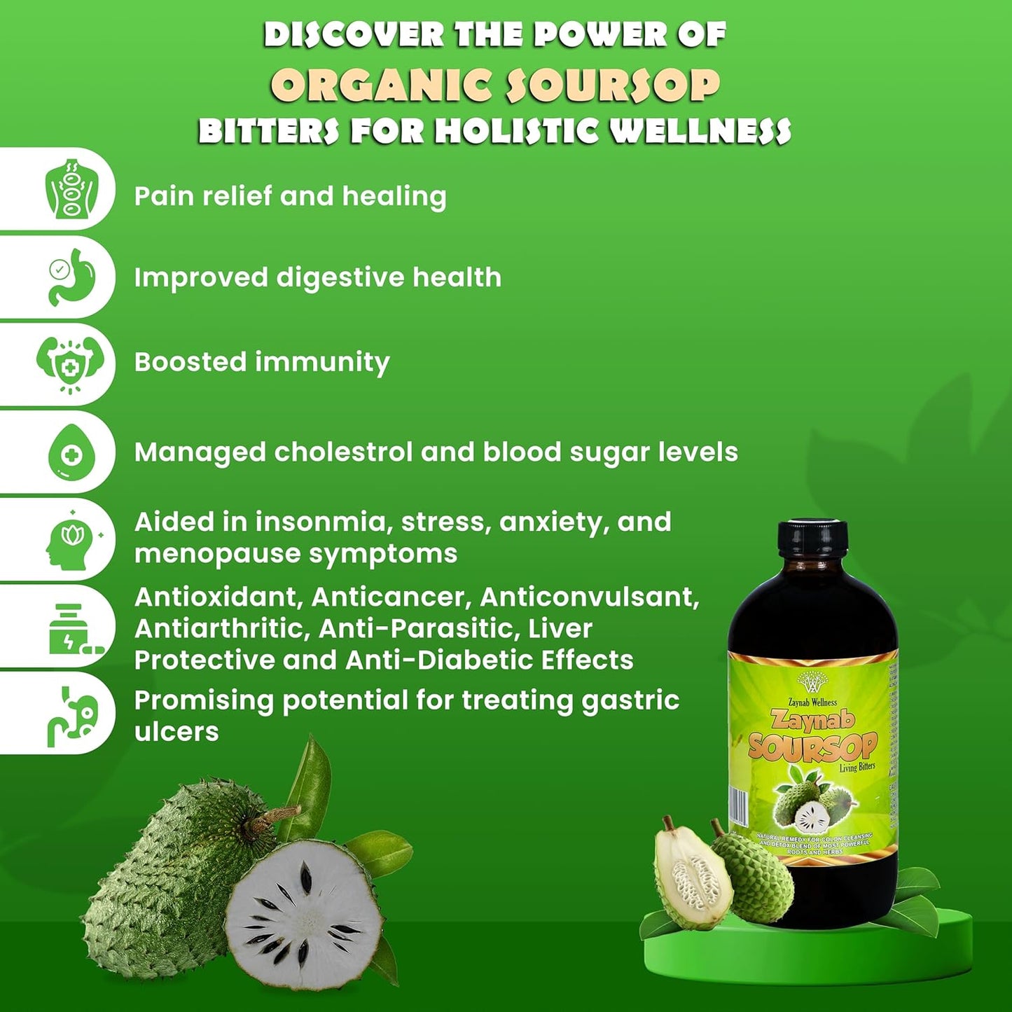 Zaynab Wellness Organic Soursop Bitters Liquid for Gut Cleanse & Immune Support 16 fl oz - Black Seed Oil, Moringa, Garlic & Ginger - Best Soursop Bitter for Overall Wellness