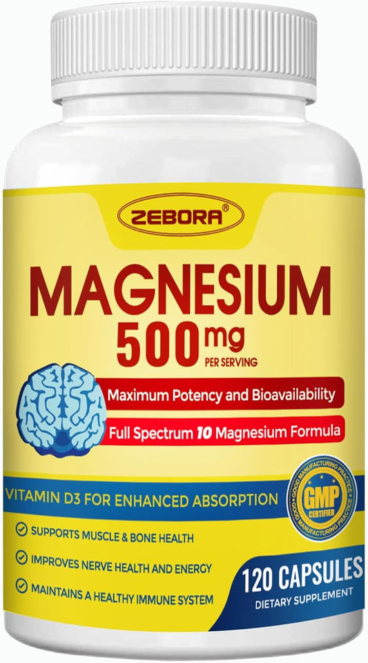 ZEBORA 10-in-1 Chelated Magnesium Complex Supplement with Vitamin D3 & Zinc - Vegan, 115 Capsules for Nerve, Muscle & Bone Support