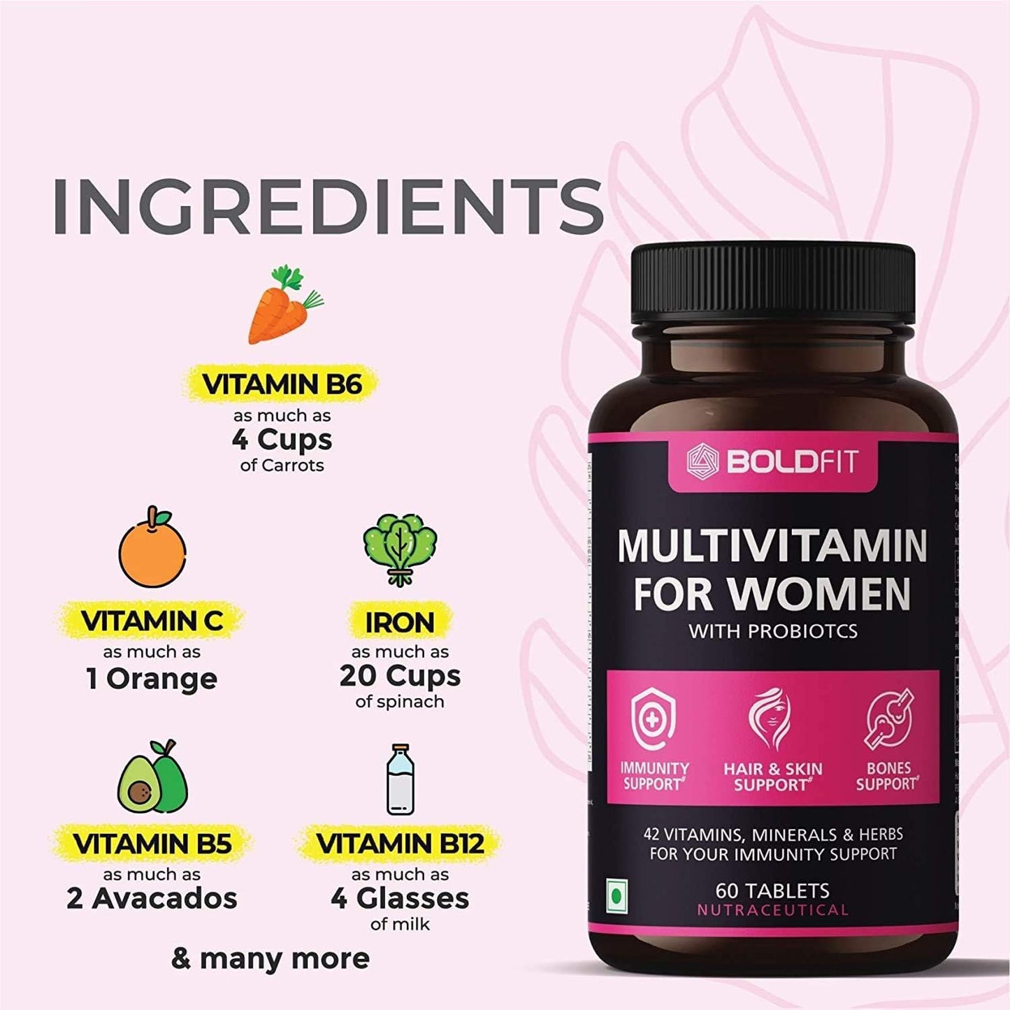 Zeeke Boldfit Women's Multivitamin Supplement with Probiotics - 42 Vital Ingredients for Immunity, Hair, Skin & Bone Support - 60 Tablets