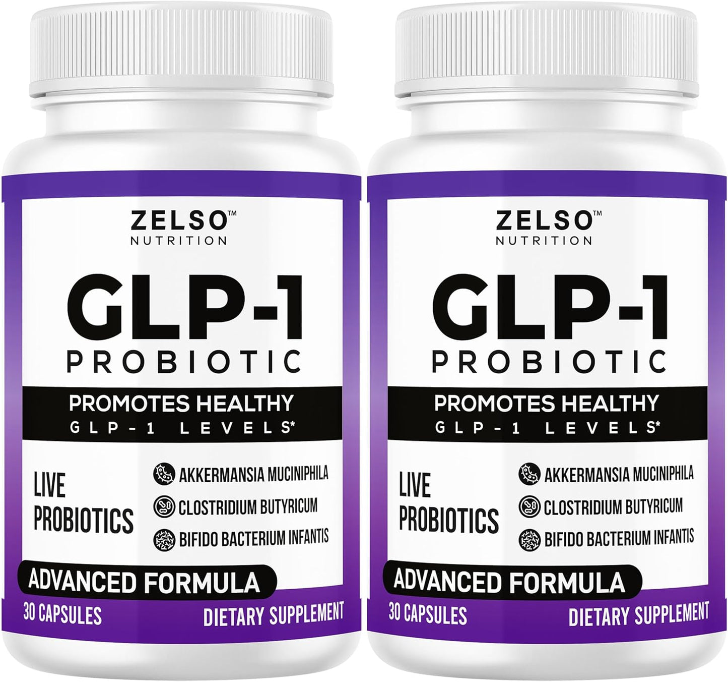 ZELSO GLP-1 Probiotic (2 Pack) with Akkermansia Muciniphila - Gut Health Support, 500M CFU Multi-Strain Probiotic + Prebiotic, GLP1 Naturally Plus - 60 Capsules