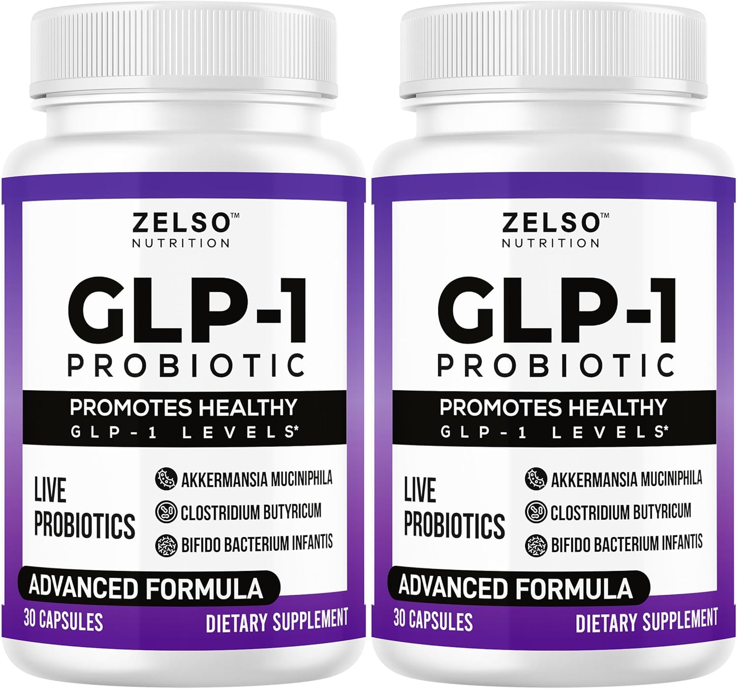 ZELSO GLP-1 Probiotic (2 Pack) with Akkermansia Muciniphila - Gut Health Support, 500M CFU Multi-Strain Probiotic + Prebiotic, GLP1 Naturally Plus - 60 Capsules