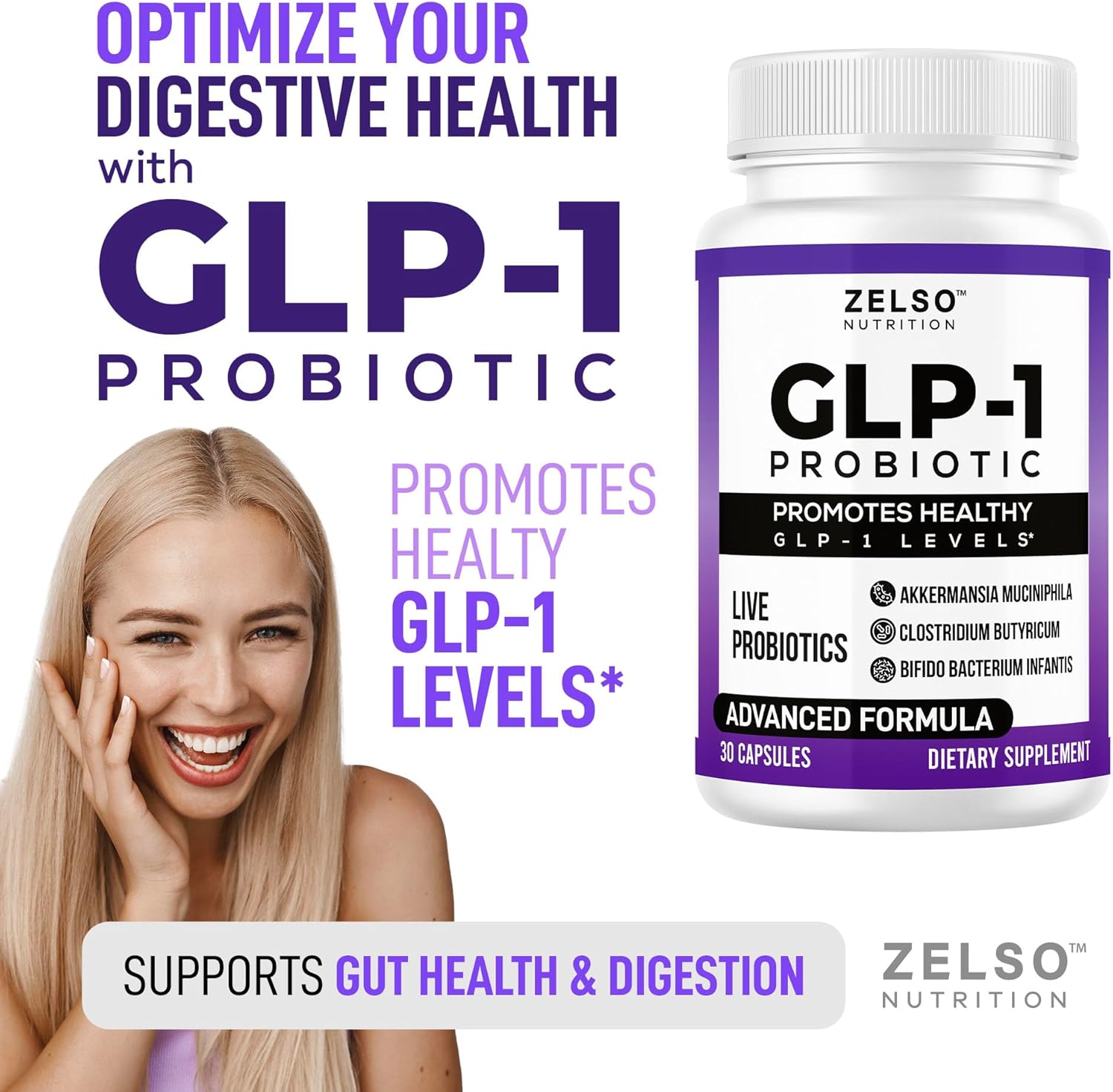 ZELSO GLP-1 Probiotic (2 Pack) with Akkermansia Muciniphila - Gut Health Support, 500M CFU Multi-Strain Probiotic + Prebiotic, GLP1 Naturally Plus - 60 Capsules