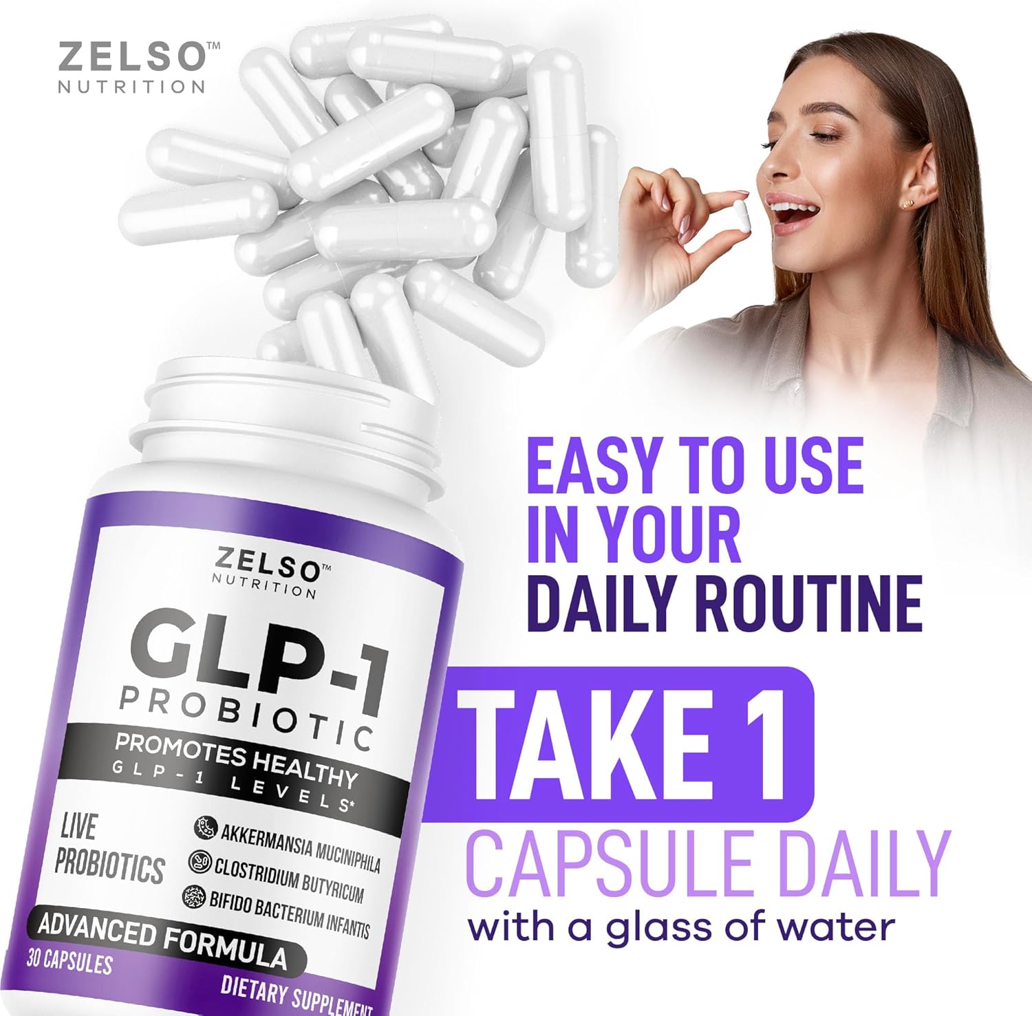 ZELSO GLP-1 Probiotic (2 Pack) with Akkermansia Muciniphila - Gut Health Support, 500M CFU Multi-Strain Probiotic + Prebiotic, GLP1 Naturally Plus - 60 Capsules