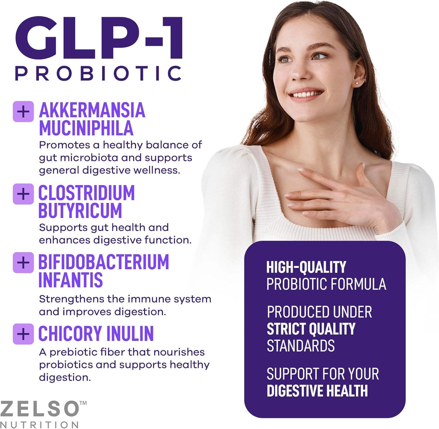 ZELSO GLP-1 Probiotic (2 Pack) with Akkermansia Muciniphila - Gut Health Support, 500M CFU Multi-Strain Probiotic + Prebiotic, GLP1 Naturally Plus - 60 Capsules