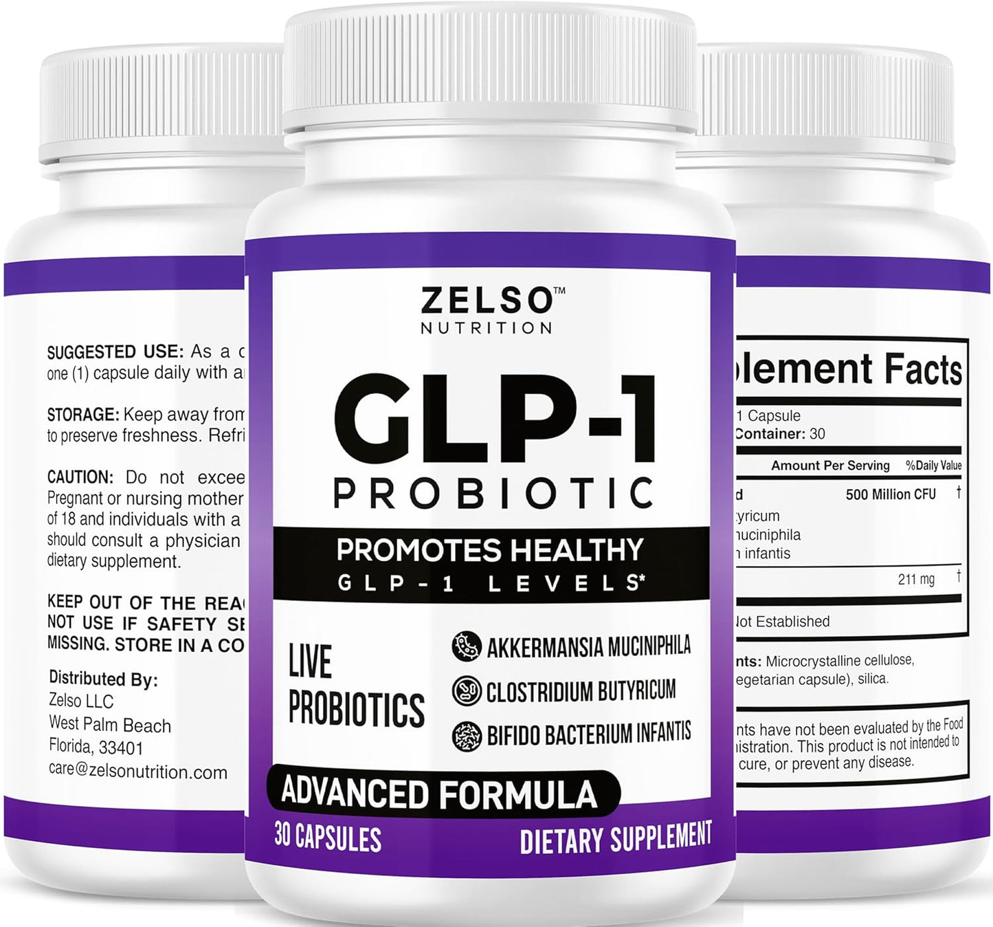 ZELSO GLP-1 Probiotic (2 Pack) with Akkermansia Muciniphila - Gut Health Support, 500M CFU Multi-Strain Probiotic + Prebiotic, GLP1 Naturally Plus - 60 Capsules