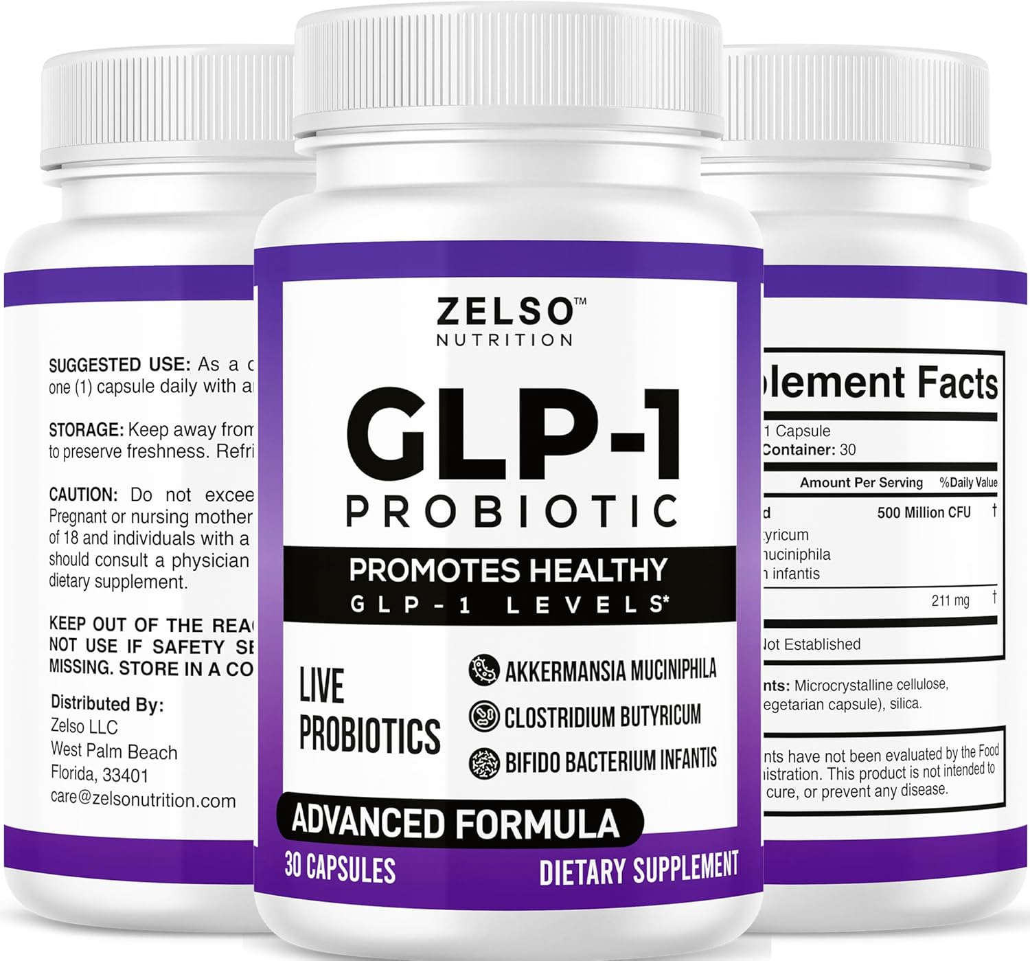 ZELSO GLP-1 Probiotic (2 Pack) with Akkermansia Muciniphila - Gut Health Support, 500M CFU Multi-Strain Probiotic + Prebiotic, GLP1 Naturally Plus - 60 Capsules