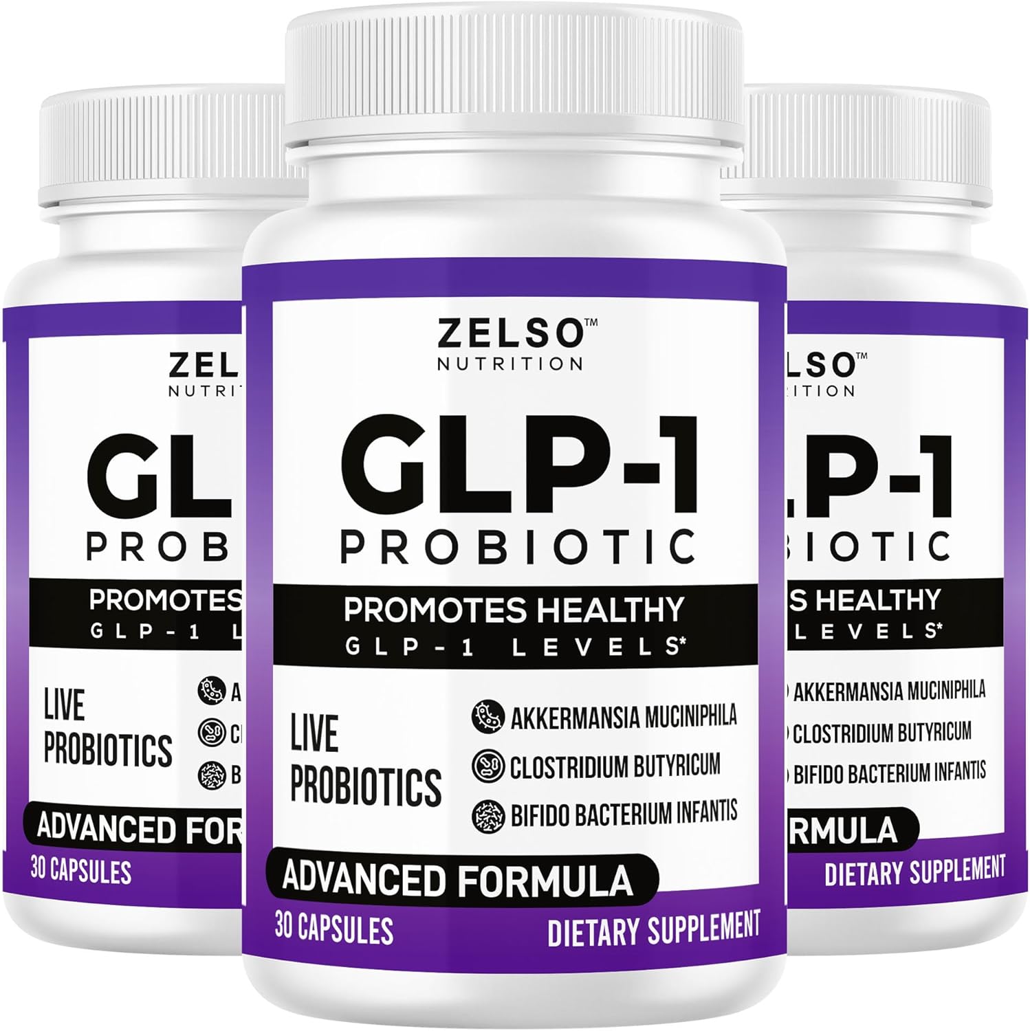 ZELSO GLP-1 Probiotic Capsules - Gut Health Support with Akkermansia Muciniphila, 500M CFU Multi-Strain Probiotic + Prebiotic - 90 Count