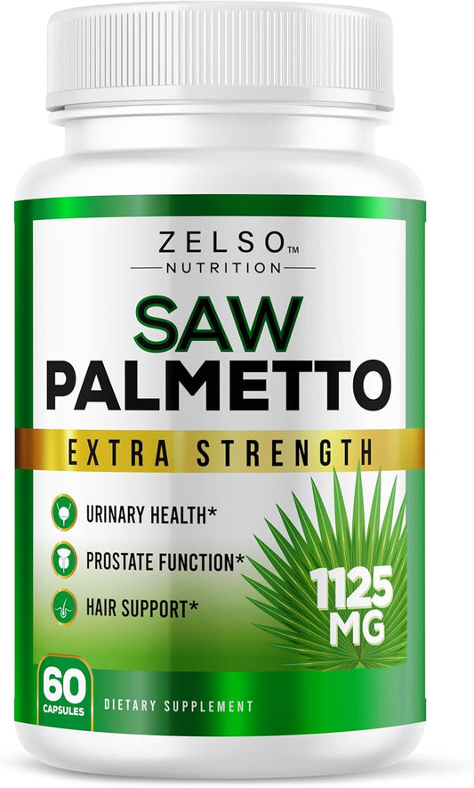 ZELSO Saw Palmetto Supplement for Men - 3-in-1 Benefits for Prostate, Hair Growth, and Urinary Health - Extra Strength DHT Blocker - Potent Support for Prostate Function - 30 Day Supply (60 Count)