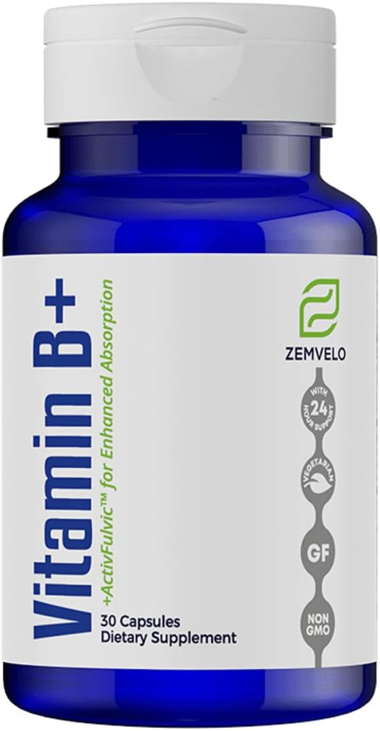Zemvelo Vitamin B+ Capsules - Boost Energy Production, Immune System, Serotonin, Dopamine - 30 Day Supply