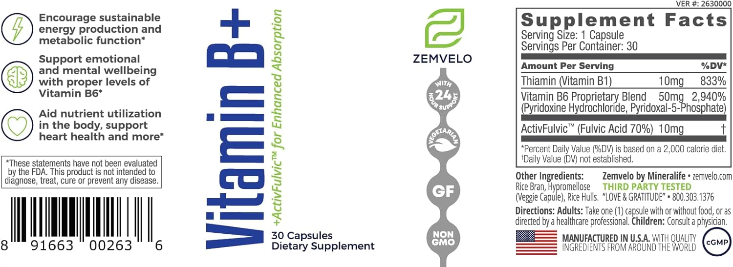 Zemvelo Vitamin B+ Capsules - Boost Energy Production, Immune System, Serotonin, Dopamine - 30 Day Supply