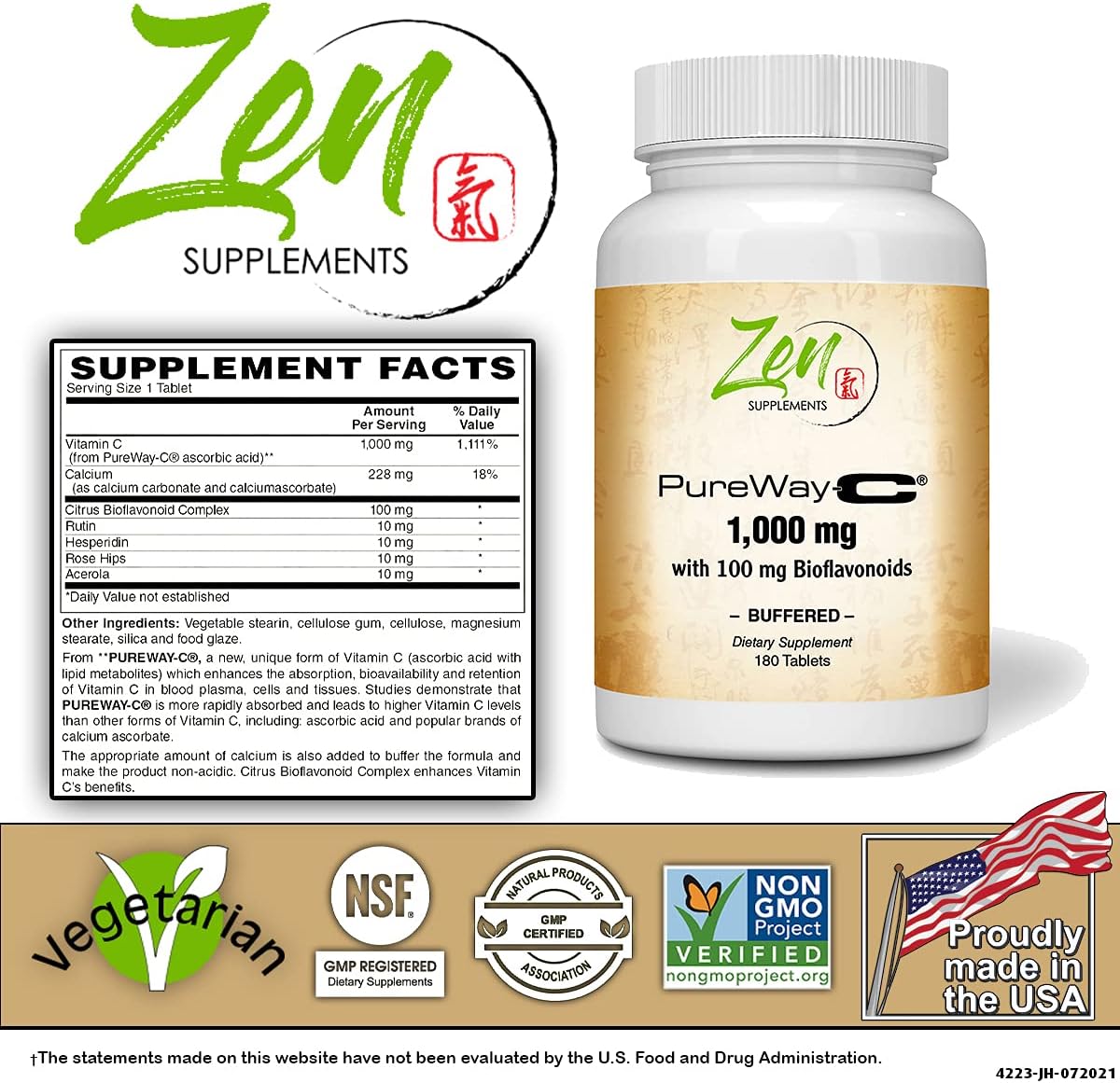 Zen Supplements Buffered Vitamin C 1000mg with Rose HIPS & Bioflavonoid Complex - Immune & Antioxidant Support - Non-GMO - 180 Tablets