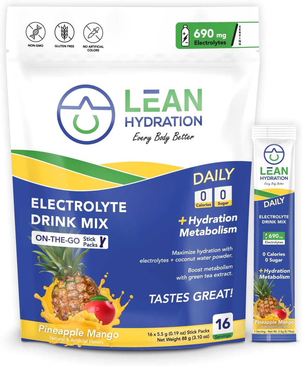 Zero Calorie Lean Hydration Electrolyte Drink Mix Packets with Vitamins & Minerals - Pineapple Mango Flavor - 16 ct