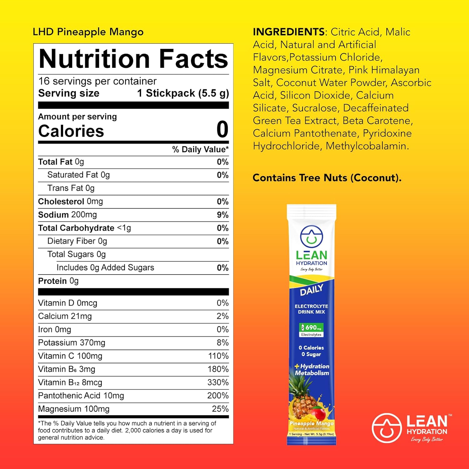 Zero Calorie Lean Hydration Electrolyte Drink Mix Packets with Vitamins & Minerals - Pineapple Mango Flavor - 16 ct