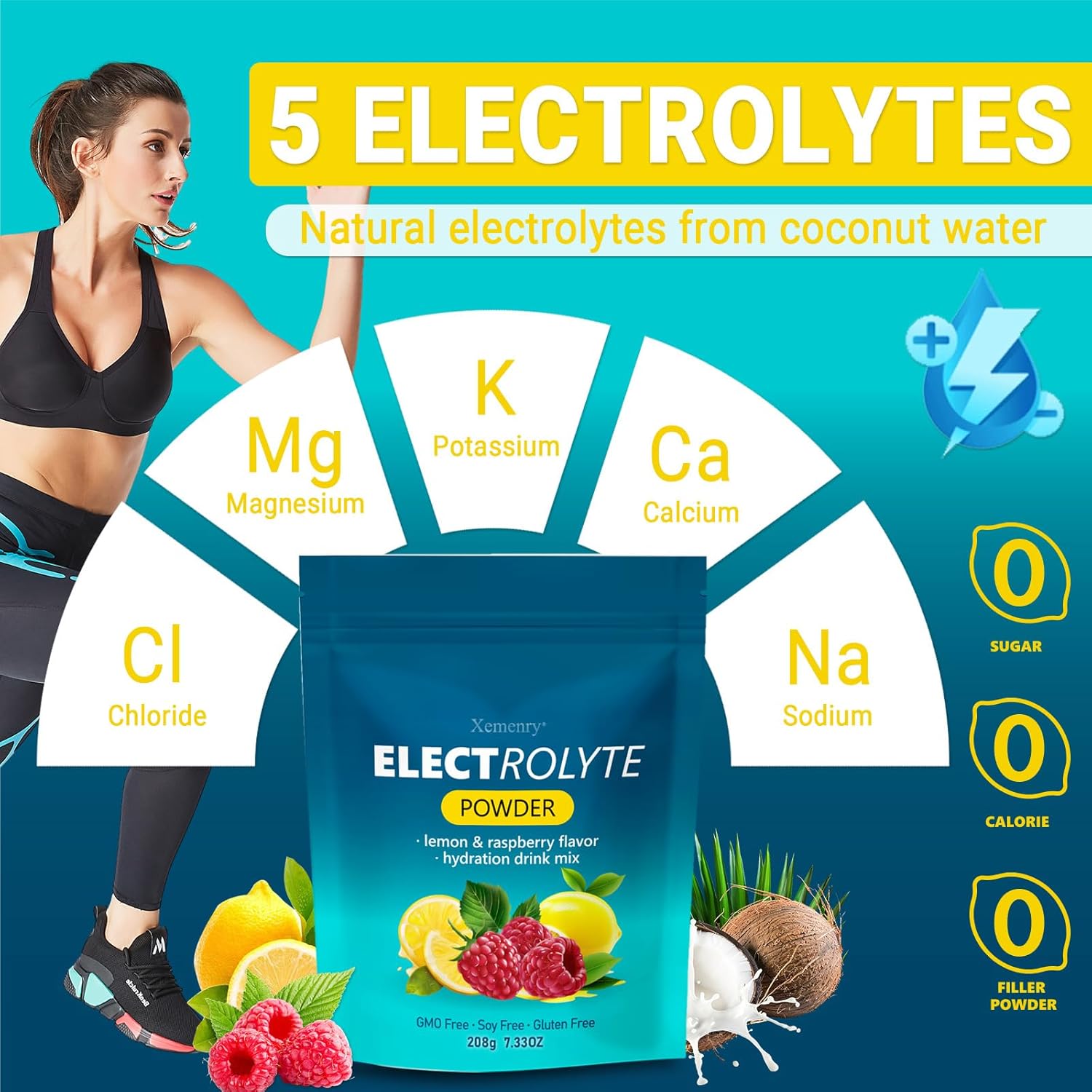 Zero Calorie Sugar Free Electrolyte Powder with High Potassium (1000mg) - Lemon Raspberry Flavor, Keto & Non-GMO - 32 Servings