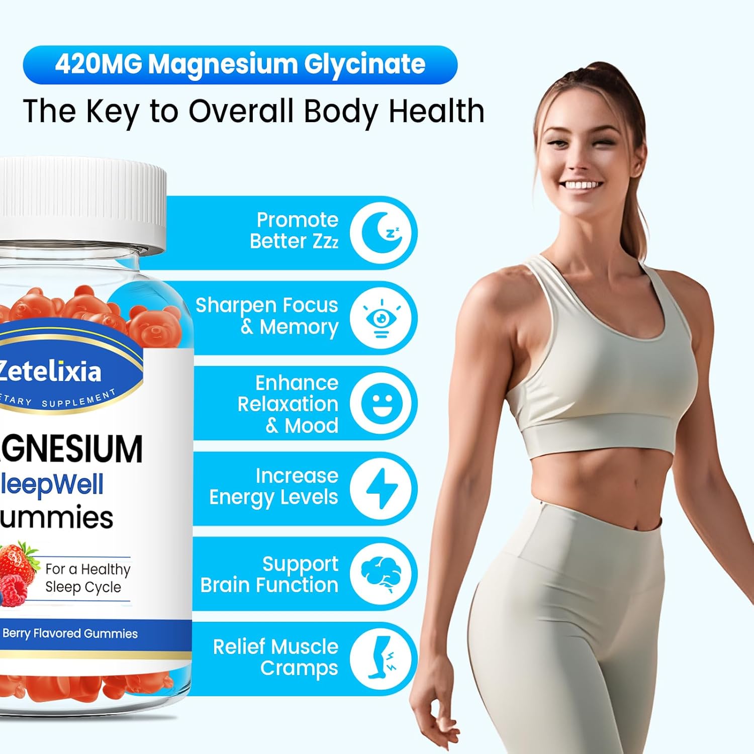 Zetelixia High Absorption Magnesium Gummies for Adults & Kids, Relaxation & Bone Support - 60 Count, Mixed Berry Flavor