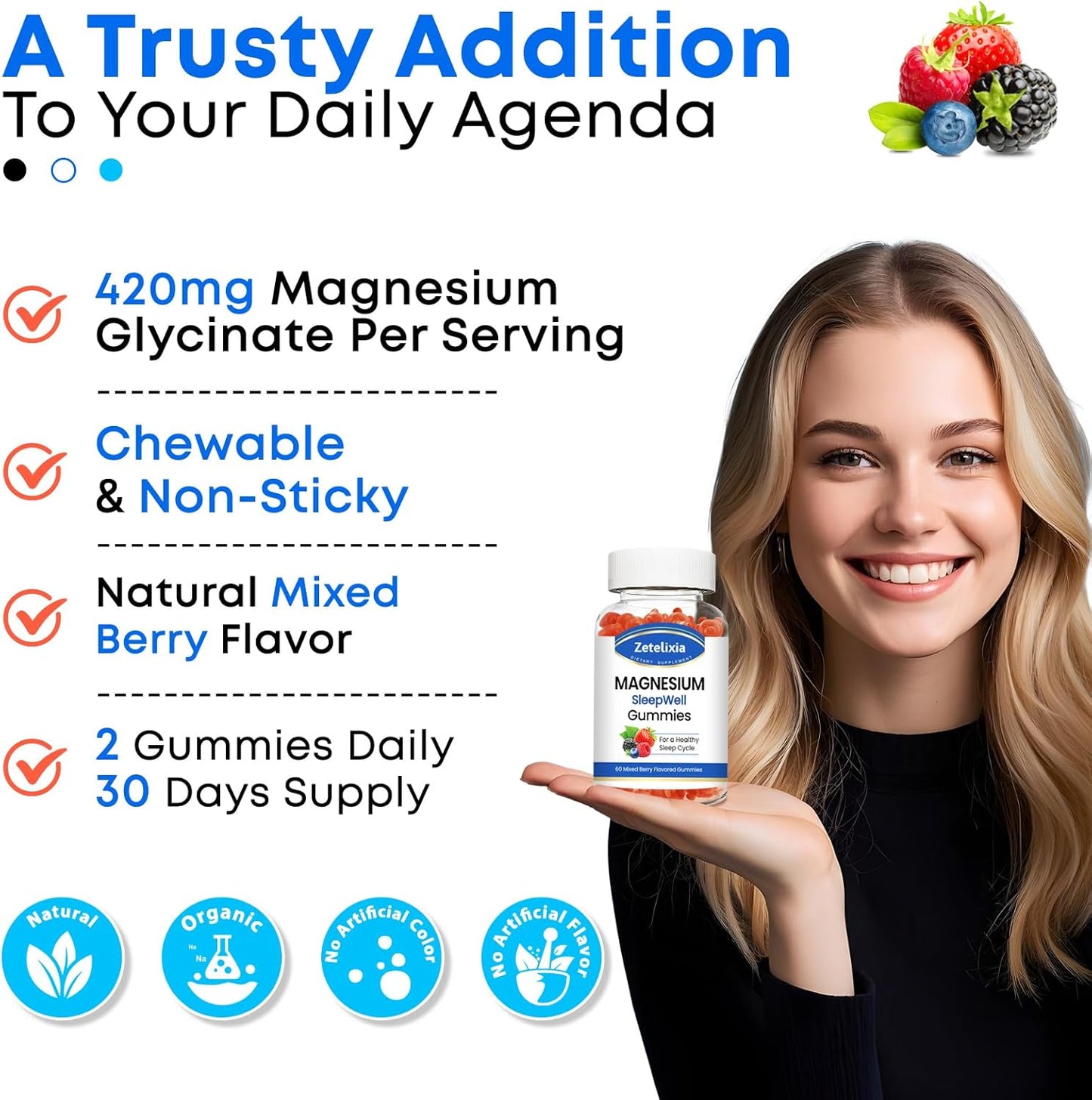 Zetelixia High Absorption Magnesium Gummies for Adults & Kids, Relaxation & Bone Support - 60 Count, Mixed Berry Flavor