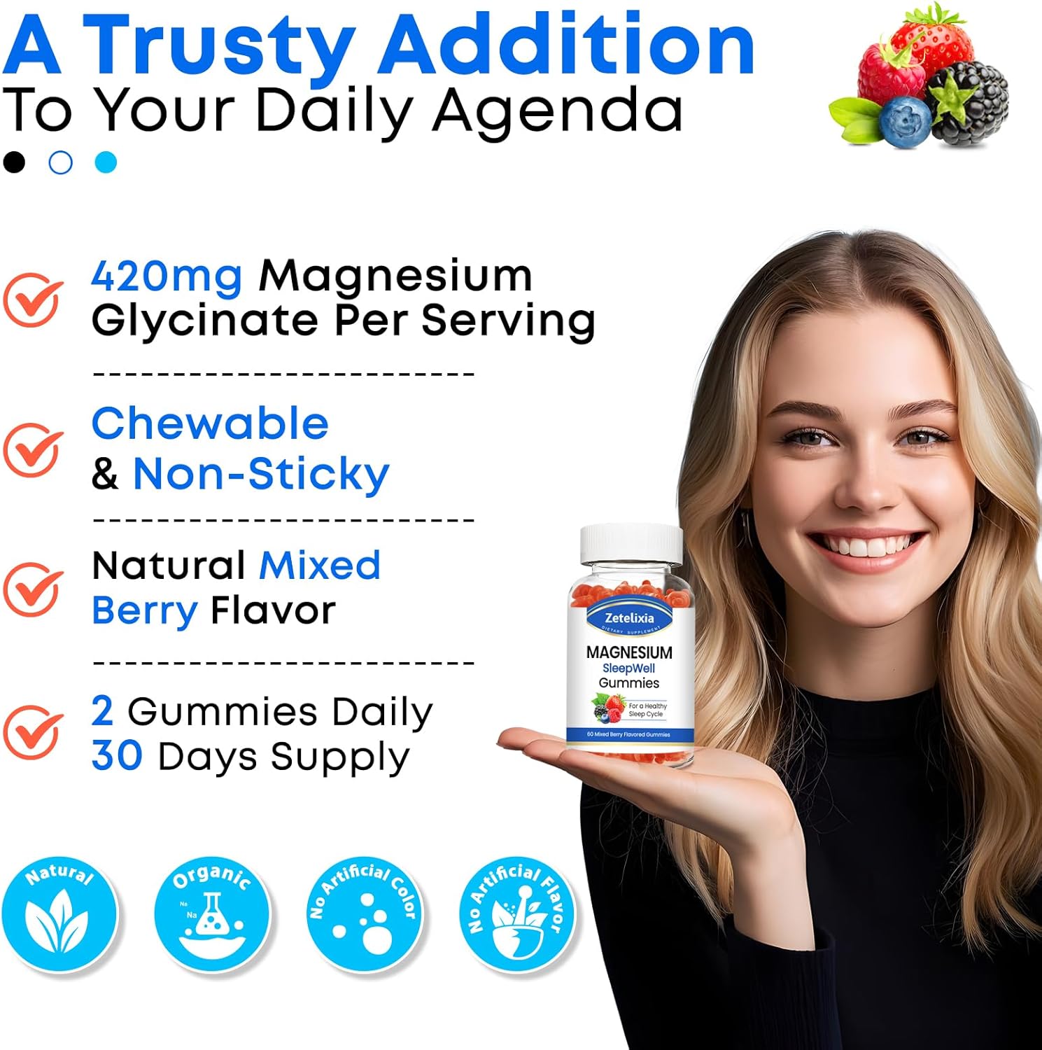 Zetelixia High Absorption Magnesium Gummies for Adults & Kids, Relaxation & Bone Support - 60 Count, Mixed Berry Flavor
