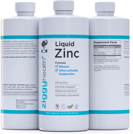 ZIGGYHEALTH Liquid Zinc Supplement - Immune Support & Detox, Skin Care Vitamins for Kids & Adults, Gluten Free, Vegan (32 oz)