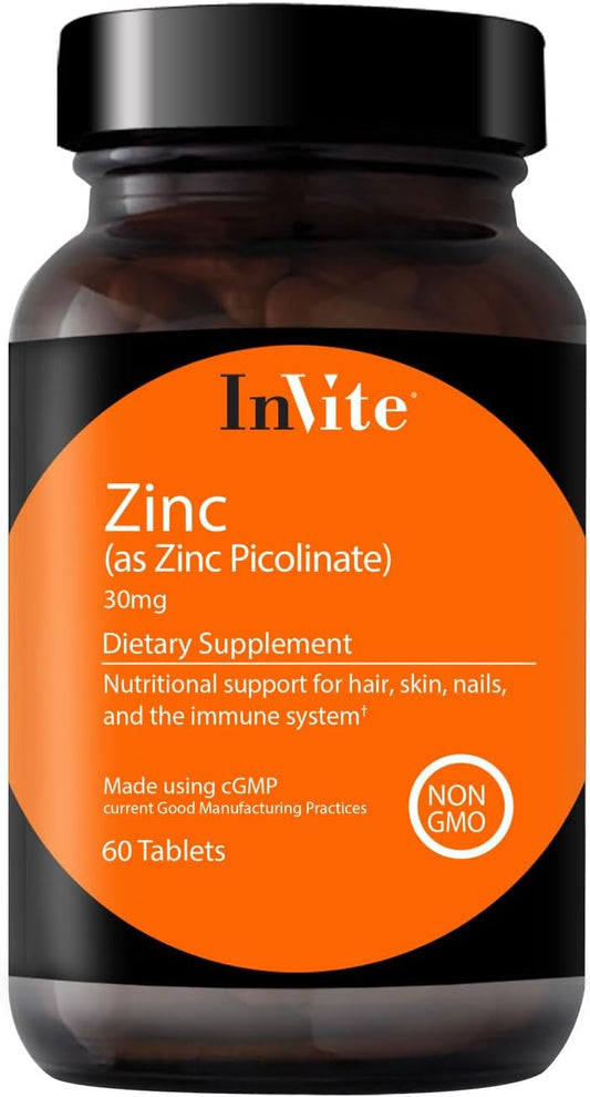 Zinc Picolinate 30mg Tablets - Supports Immune, Nail, Skin, Hair Health - 60 Tablets (2-Pack) by InVite Health