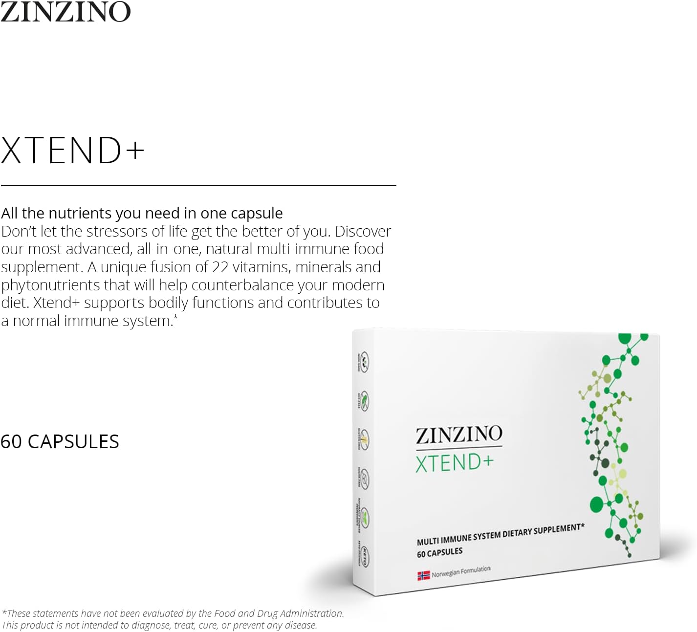 ZINZINO Xtend + Immune Support Supplement with Essential Vitamins, Minerals, and Vitamin C - 60 Capsules for Energy and Focus