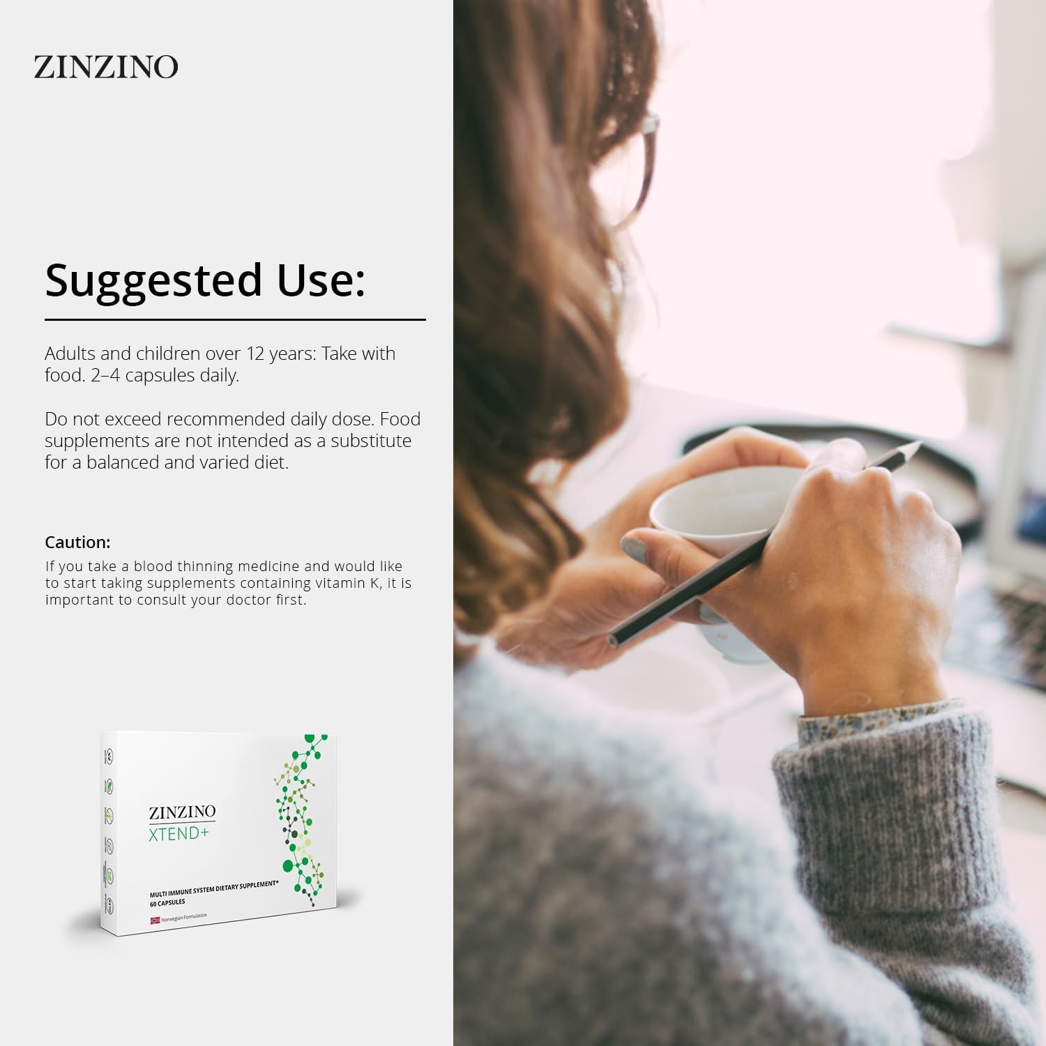 ZINZINO Xtend + Immune Support Supplement with Essential Vitamins, Minerals, and Vitamin C - 60 Capsules for Energy and Focus