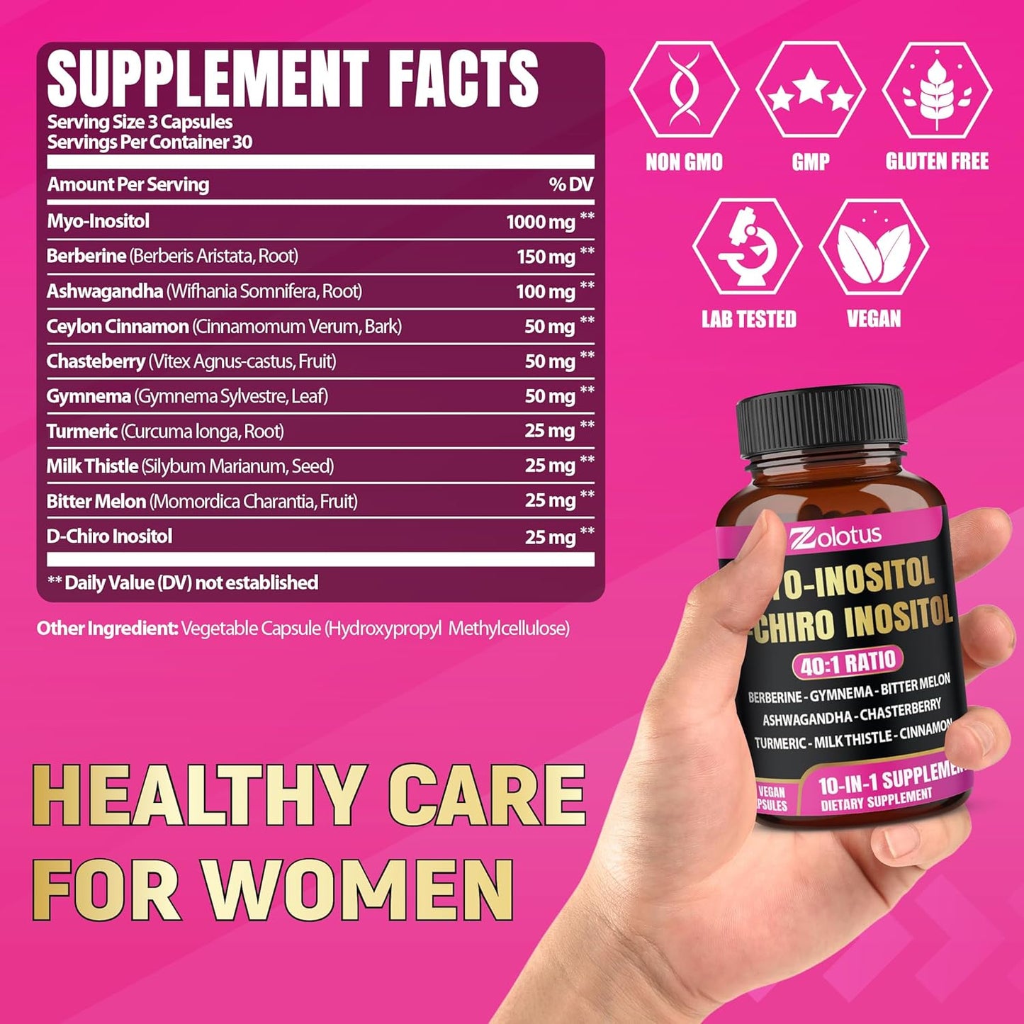 Zolotus Myo-Inositol & D-Chiro Inositol Supplement with Bitter Melon & Turmeric - 90 Capsules
