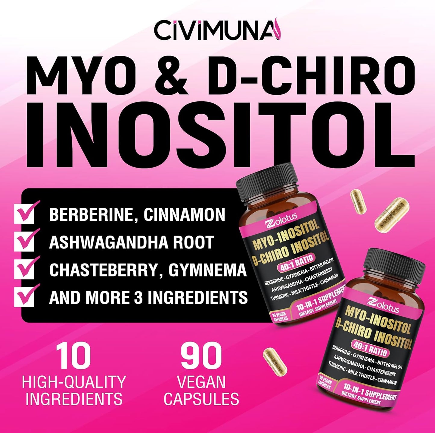 Zolotus Myo-Inositol & D-Chiro Inositol Supplement with Bitter Melon & Turmeric - 90 Capsules