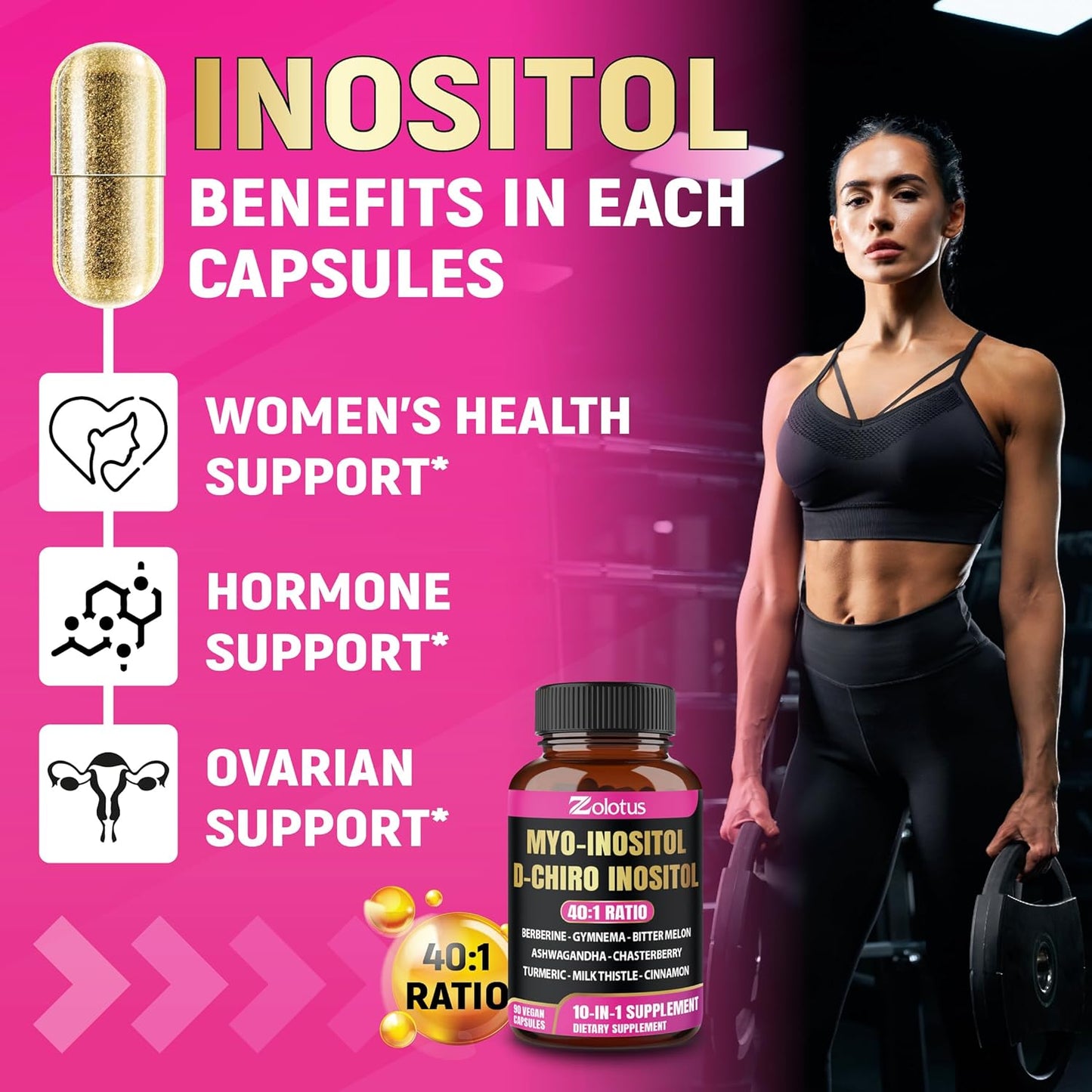 Zolotus Myo-Inositol & D-Chiro Inositol Supplement with Bitter Melon & Turmeric - 90 Capsules