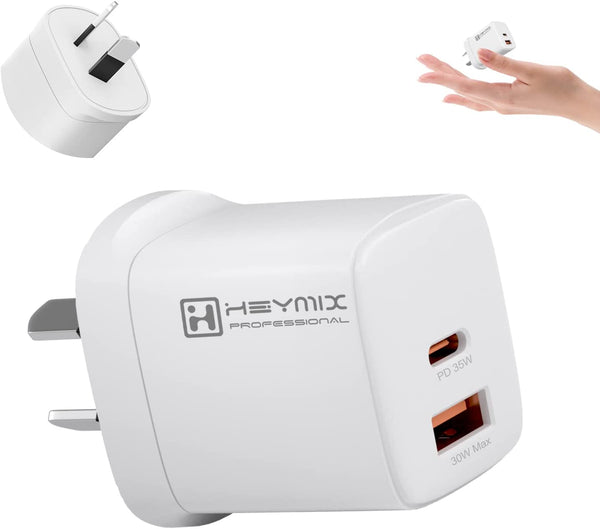 HEYMIX 35W Gan Charger, USB-C Fast PD Wall Charger, 30W/25W/20W/18W/15W QC3.0 USB Power Adapter, 2-Port USBC & USBA PPS AU Plug Compatible with Iphone 14/13/12, S22/S21,Pixel,Mobiles & Switch
