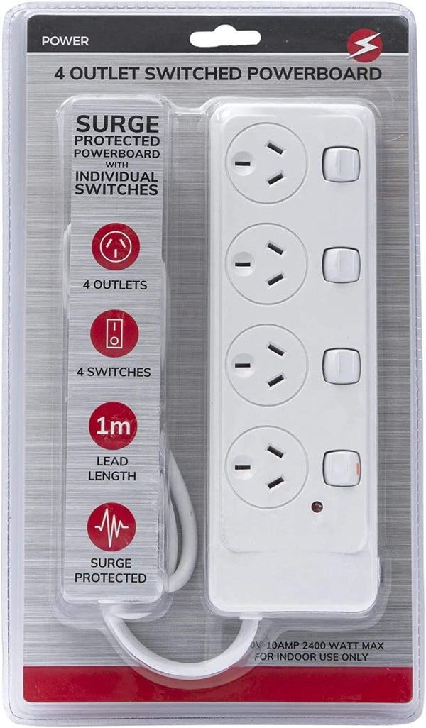 Surge Protectors with 4 Outlet，Power Board with Individual Switches, Power Strip with Protected Indicator Light SAA Certified 1 Meter 240V