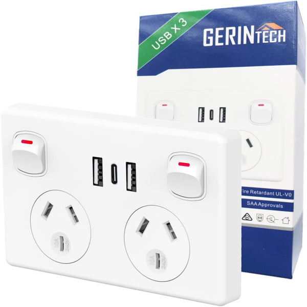 Gerintech Double Power Point GPO Outlet 10A with USB a & C Charger 5V 3.6A (White)