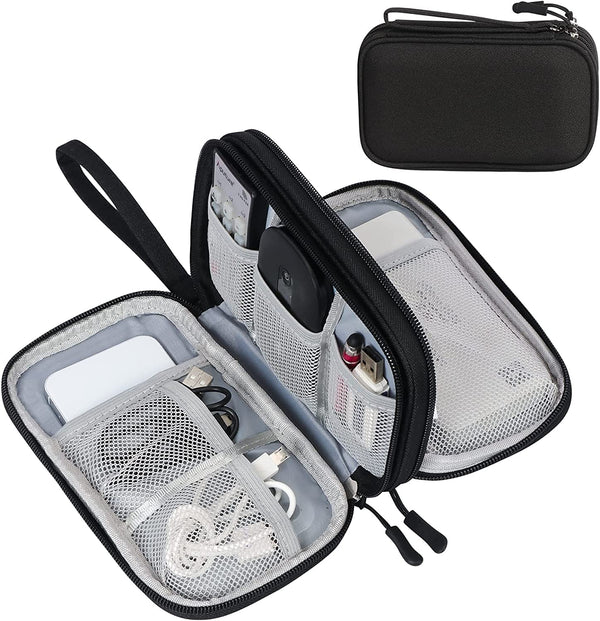FYY Electronic Organizer, Travel Cable Organizer Bag Pouch Electronic Accessories Carry Case Portable Waterproof Double Layers Storage Bag for Cable, Cord, Charger, Phone, Earphone, Medium Size, Black
