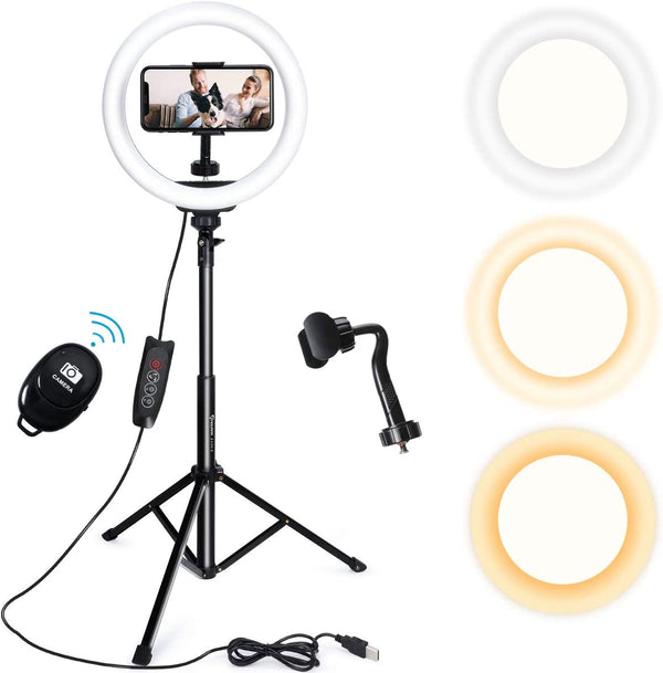Endurax 10'' Selfie Ring Light with Stand 135Cm/ 53'', Dimmable LED Ring Light for Video Recording/ Live Stream/ Makeup, Remote Shutter Included (3000-6500K)