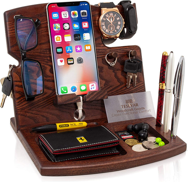 Wood Phone Docking Station Natural Ash Hooks Key Holder Wallet Watch Stand Watch Organizer Men Gift Husband Dad Birthday Father Graduation Male Travel Idea Gadgets Solid Christmas Gift