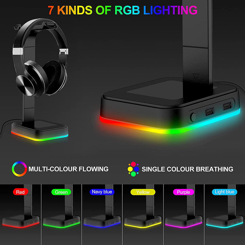 RGB Headphone Stand, Gaming Headset Stand with RGB Light & 2 USB Charging Port, Eocean Headset Holder with Type C Cable, Headphone Holder for Desktop Gamer, Safe and Stable