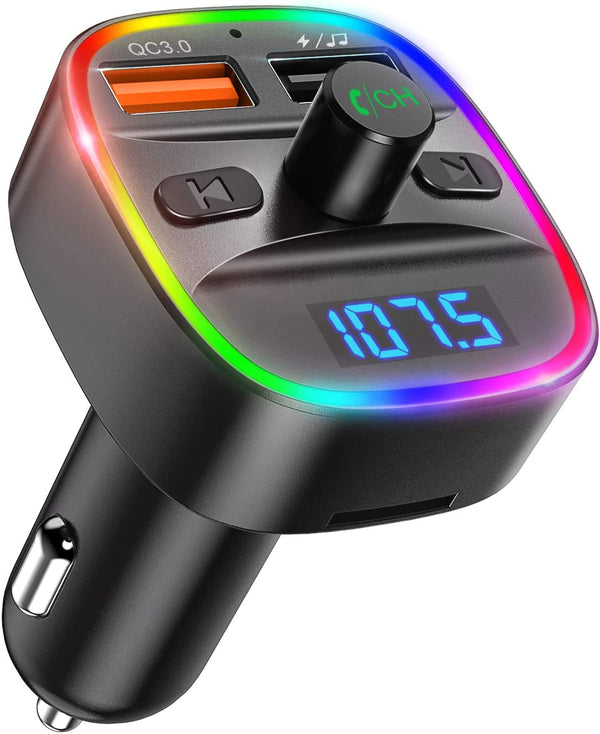 (2022 Upgraded New Version) Bluetooth FM Transmitter for Car, 7 RGB Color LED Backlit Radio Transmitter, QC3.0 Dual USB Ports Adapter Car Kit, Supports TF Card, USB Disk, Hands-Free Calling