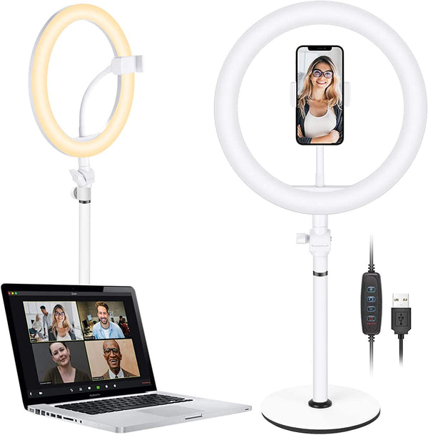NEEWER Ring Light for Laptop Computer, 10" Dimmable Desktop Light with Phone Holder Circle Light for Computer, 3 Light Modes for Video Conference Lighting/Zoom Call/Makeup/Live Stream (White)