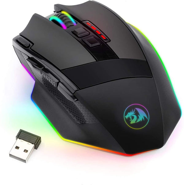 Redragon M801 Gaming Mouse LED RGB Backlit MMO 9 Programmable Buttons Mouse with Macro Recording Side Buttons Rapid Fire Button 16000 DPI for Windows PC Gamer (Wireless, Black)