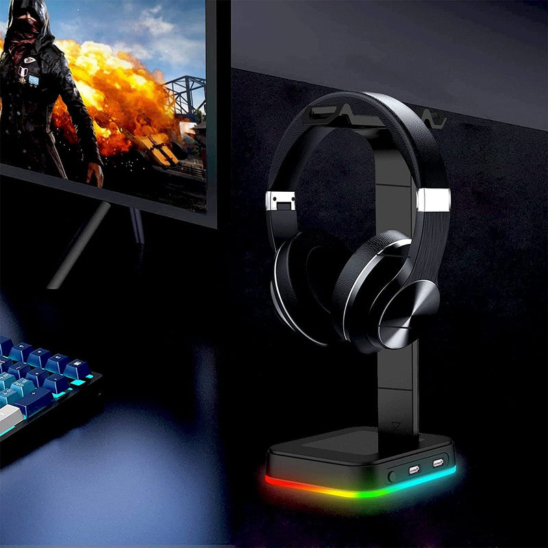 RGB Headphone Stand, Gaming Headset Stand with RGB Light & 2 USB Charging Port, Eocean Headset Holder with Type C Cable, Headphone Holder for Desktop Gamer, Safe and Stable