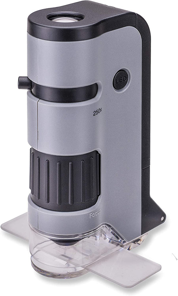 Carson Microflip 100X-250X LED and UV Lighted Pocket Microscope with Flip down Slide Base and Smartphone Digiscoping Clip (MP-250 or MP-250MU)